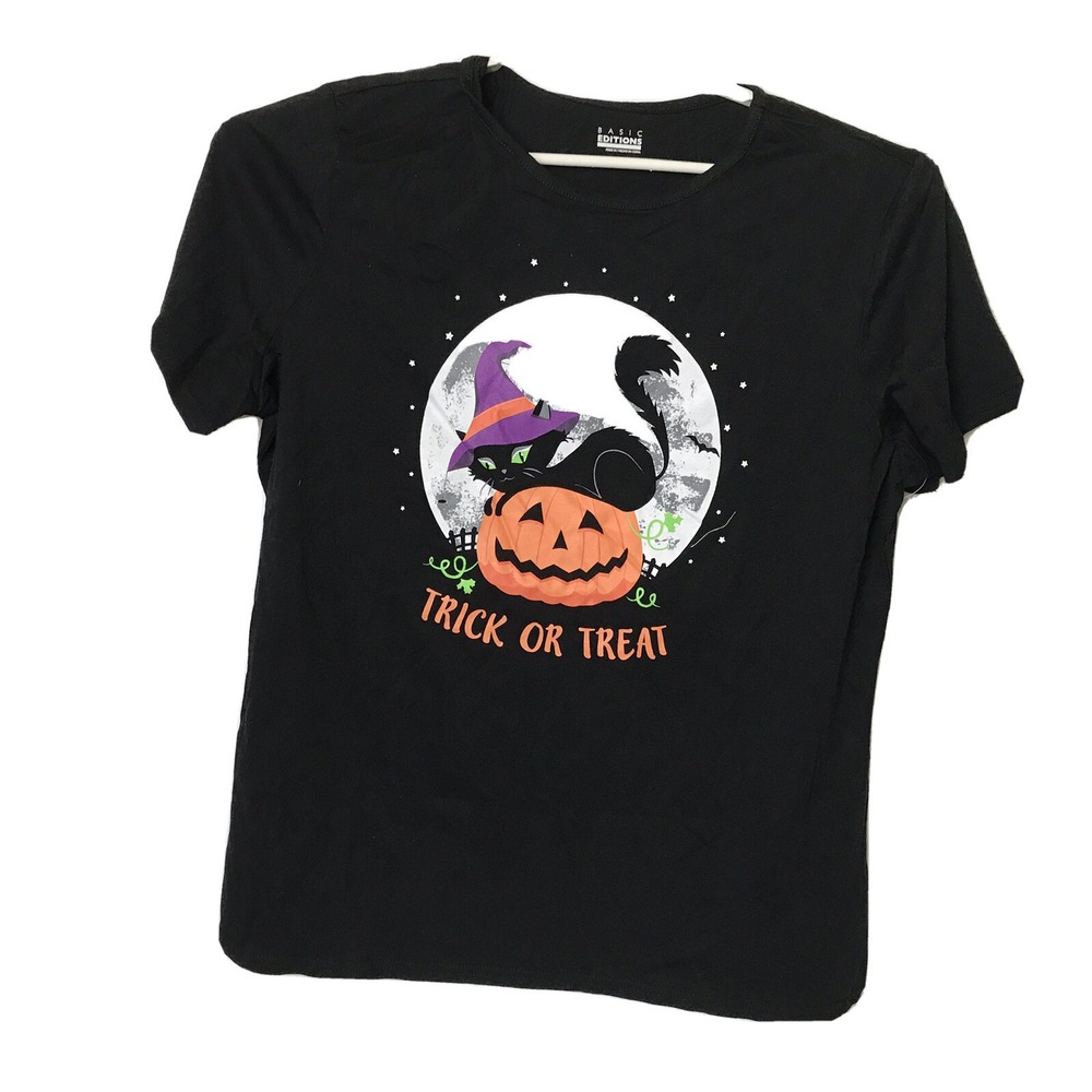 Basic Editions Womans Halloween Graffic Black Tee Shirt Size XL Short Sleeve